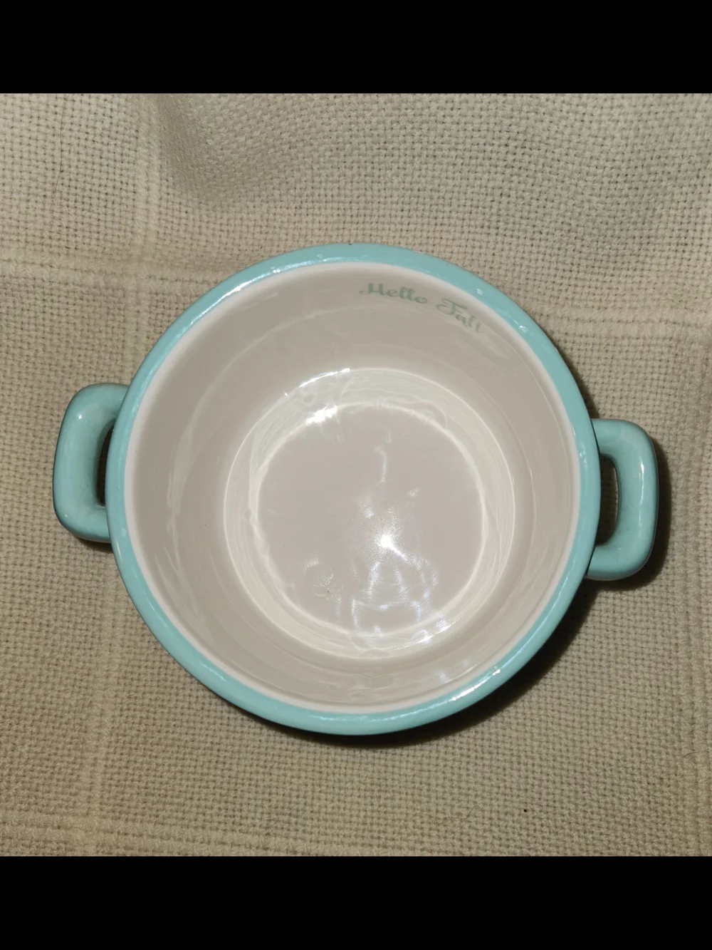 Ceramic 'Hello Fall' White and Light Teal Handle Bowl